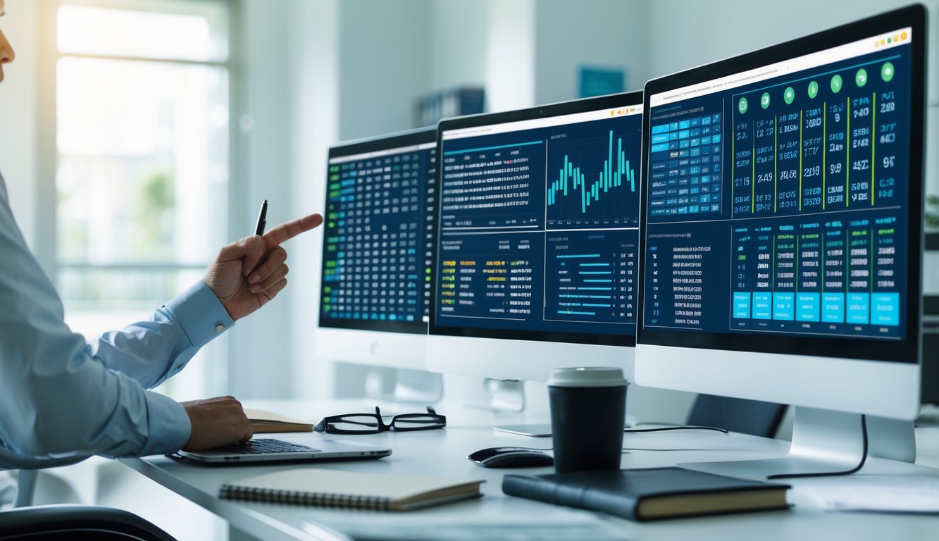 Seorang profesional sedang menganalisis data angka lotere di depan beberapa layar komputer di ruang kantor yang terang.