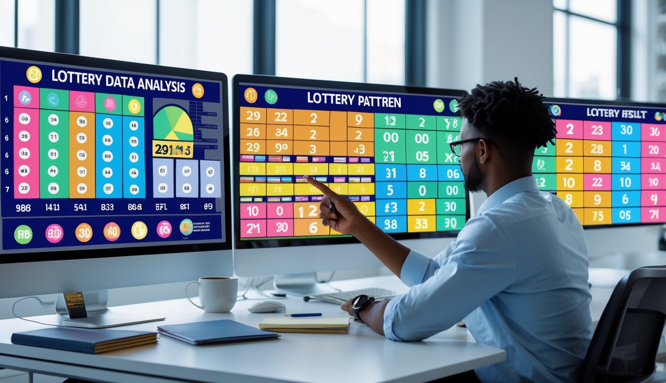 Seorang pria sedang menganalisis data lotre di depan beberapa monitor komputer di sebuah kantor modern yang terang.