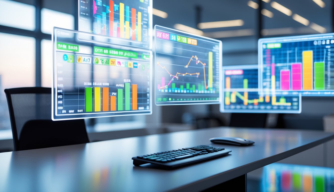 Meja kantor dengan beberapa layar digital menampilkan grafik warna-warni dan statistik angka lotere.