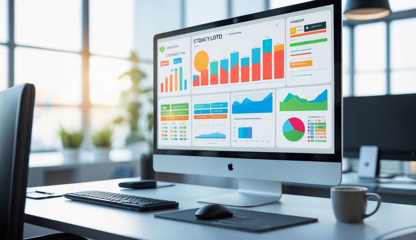 Sebuah ruang kerja modern dengan komputer menampilkan grafik warna-warni dan data statistik terkait hasil lotre Sydney.