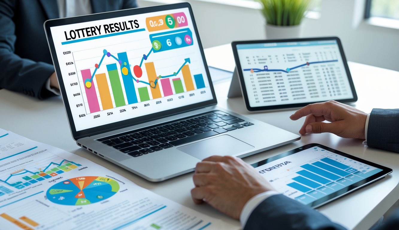 Meja kerja dengan laptop dan tablet yang menampilkan grafik dan tabel data angka lotre, dengan tangan seseorang sedang menganalisis data.
