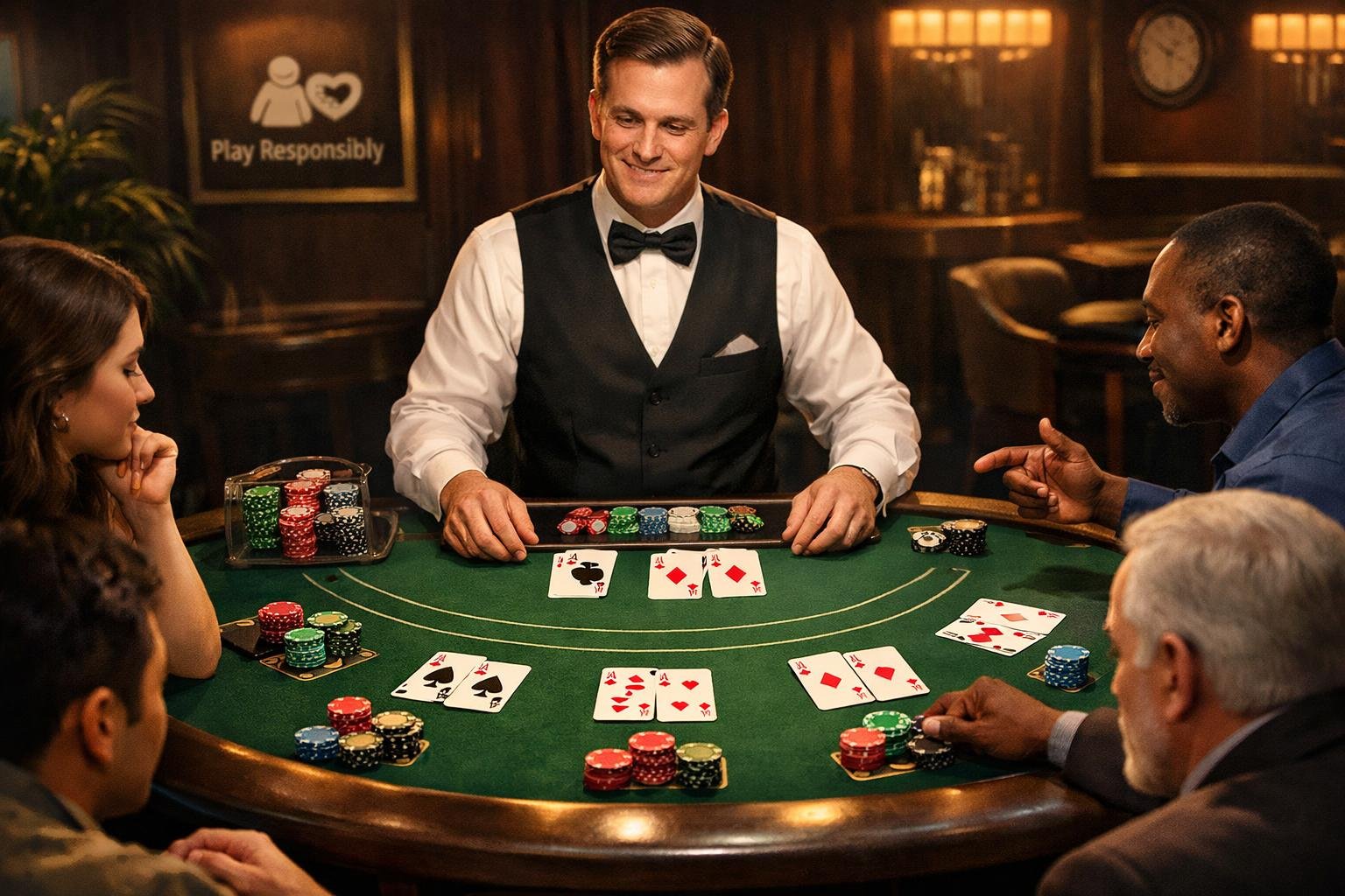 A Dealer Stands Behind A Blackjack Table With Cards And Chips While Players Make Decisions, With Subtle Responsible Gaming Symbols In The Background.