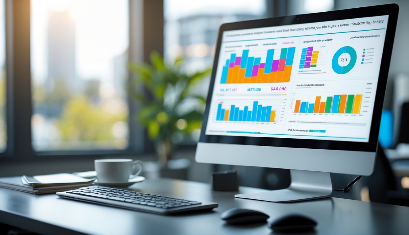 Sebuah ruang kantor modern dengan komputer menampilkan grafik dan data statistik terkait hasil lotre, dengan meja rapi dan cahaya alami yang masuk dari jendela.
