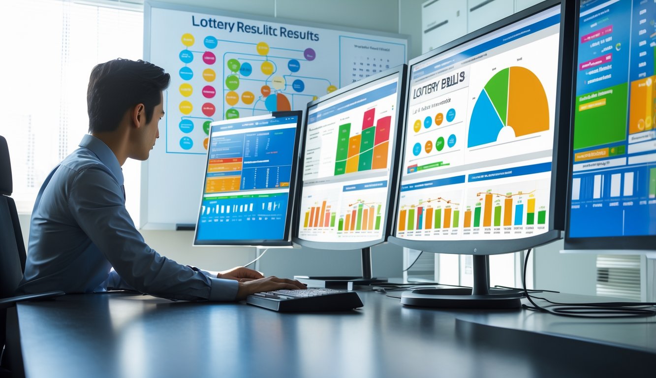 Seorang profesional sedang menganalisis data statistik lotere di depan beberapa monitor komputer di ruang kantor modern.