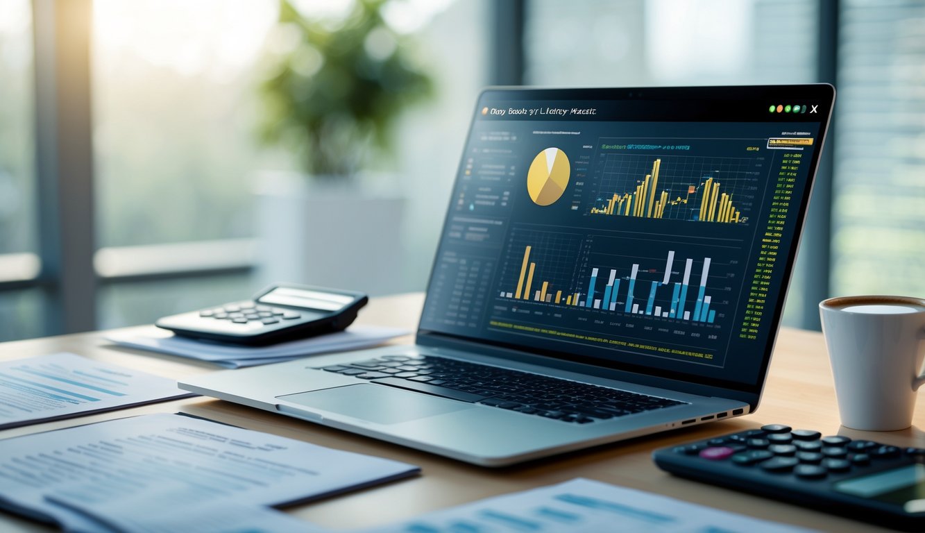Sebuah ruang kerja modern dengan laptop yang menampilkan grafik dan data angka lotere Sydney, dikelilingi dokumen dan kalkulator di atas meja.