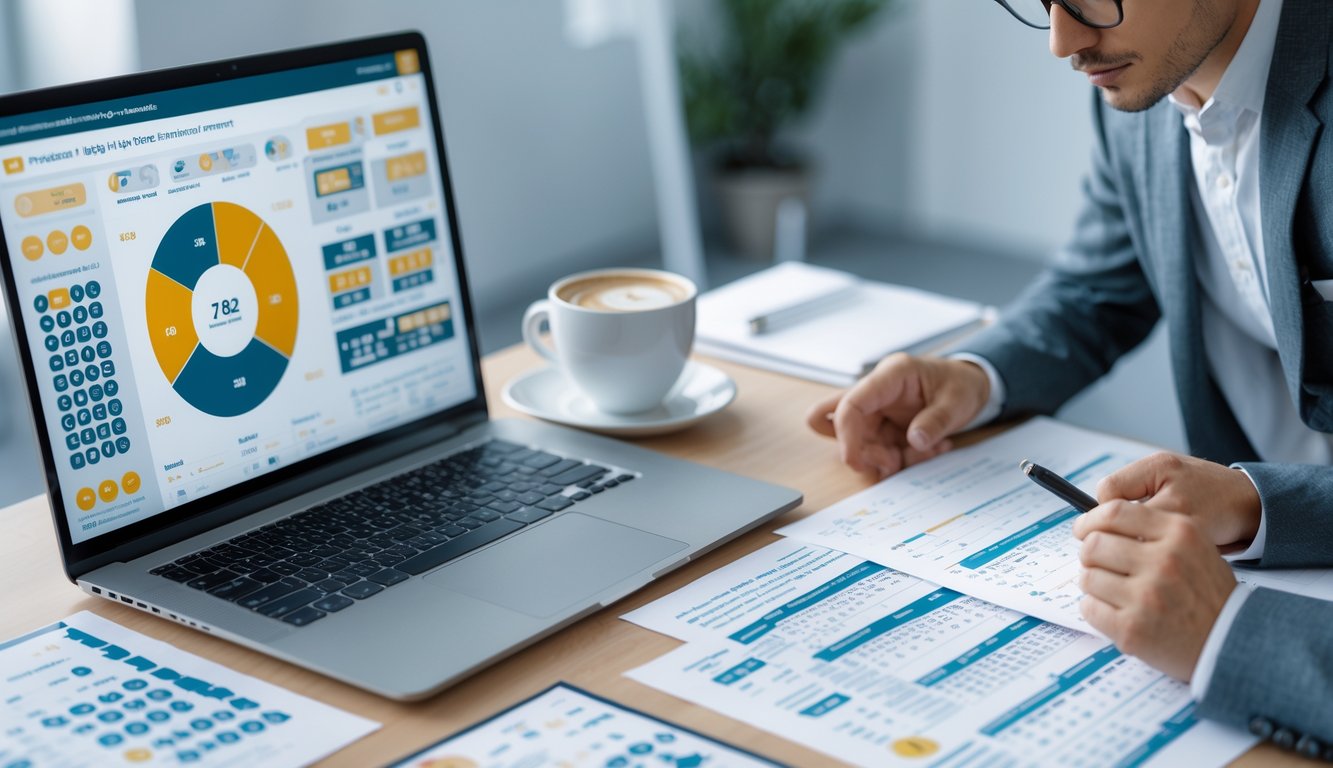 Seorang profesional sedang menganalisis data angka lotere di ruang kerja modern dengan laptop dan dokumen di atas meja.