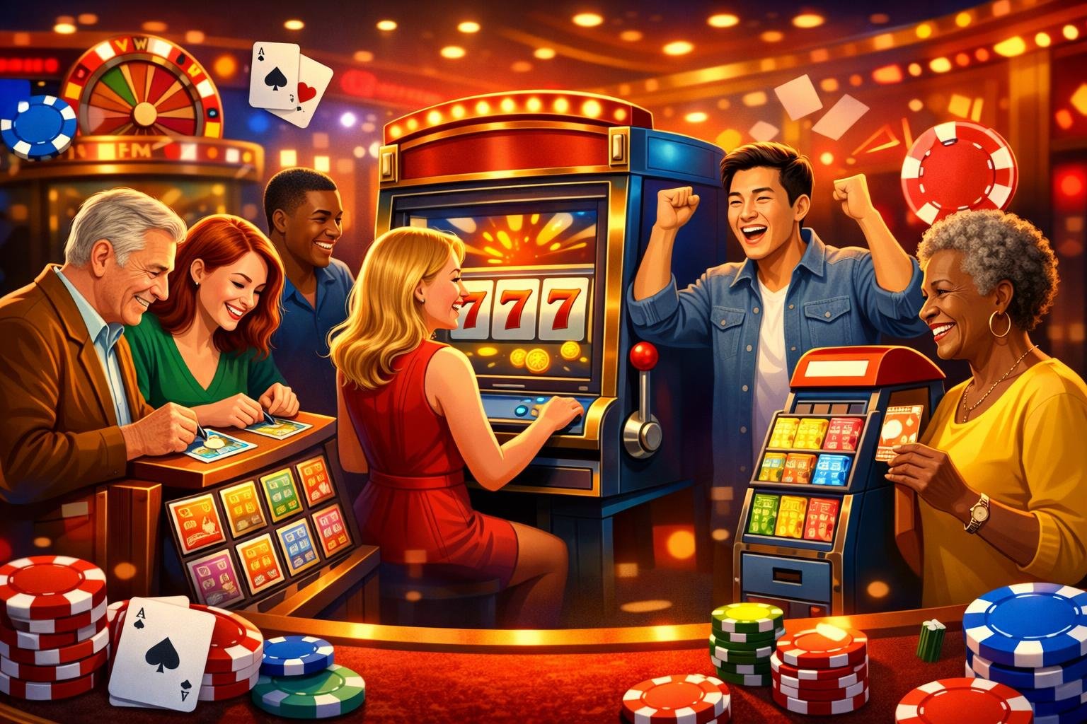 People Playing Instant Win Games On Machines And Scratch Cards Inside A Lively Casino.