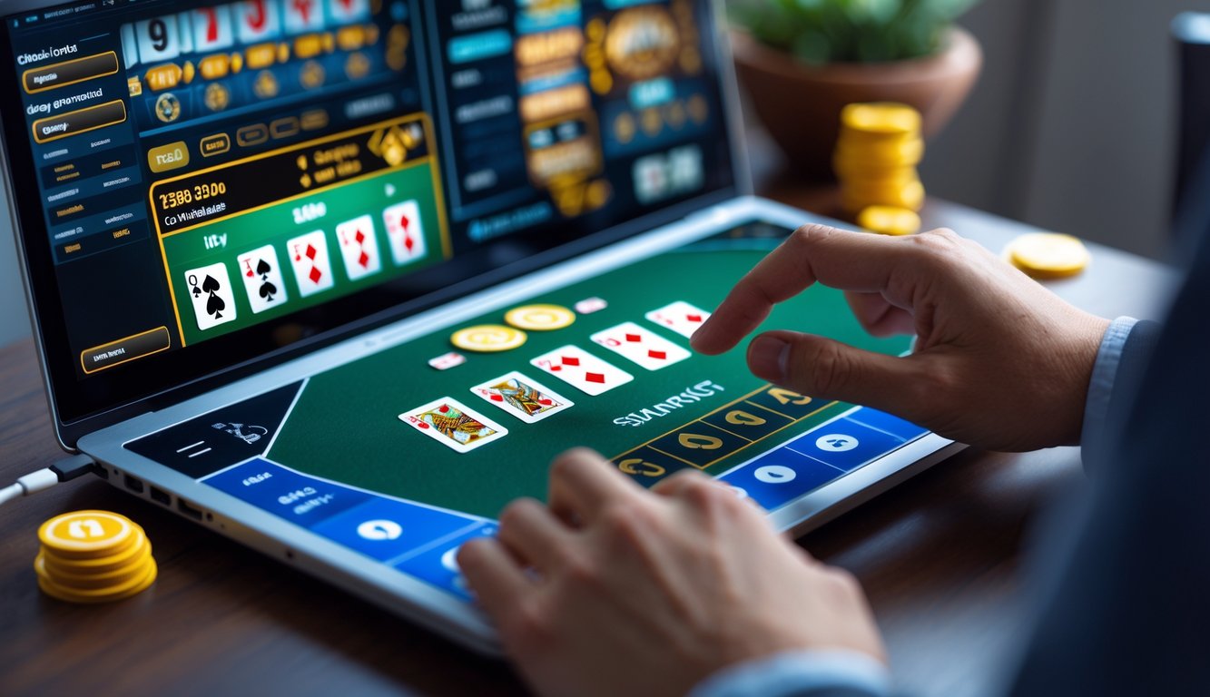 Seseorang bermain blackjack online di depan layar komputer dengan kartu dan chip terlihat jelas.