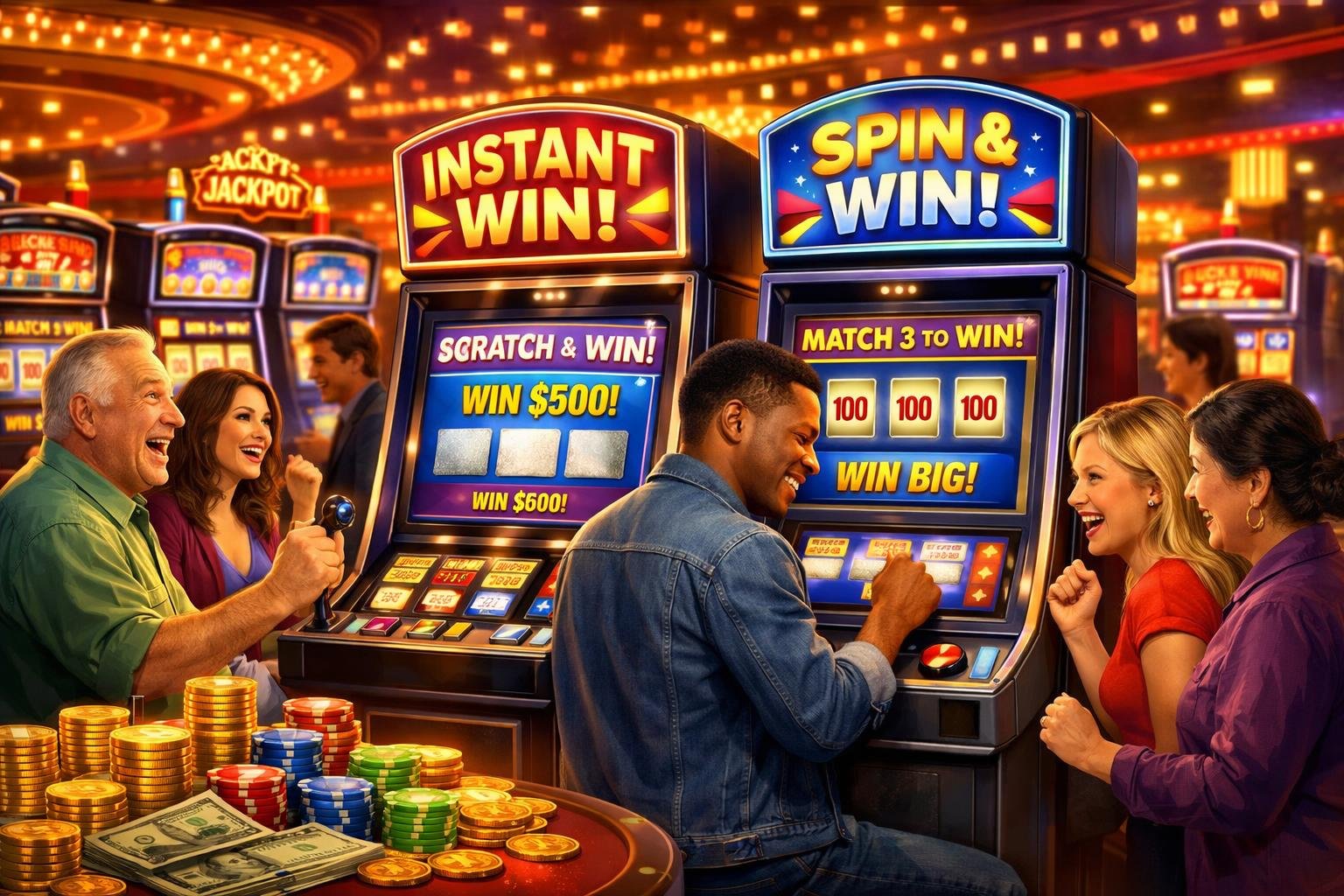 A Lively Casino Floor Showing Diverse Players Enjoying Instant Win Game Machines Surrounded By Colorful Lights And Casino Chips.