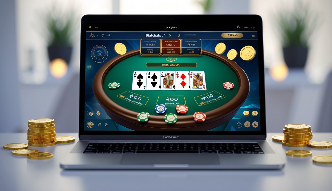 Seorang pemain sedang menggunakan komputer dengan permainan blackjack online di layar, dikelilingi oleh simbol bonus dan koin, menunjukkan pengalaman bermain yang aman dan menyenangkan.