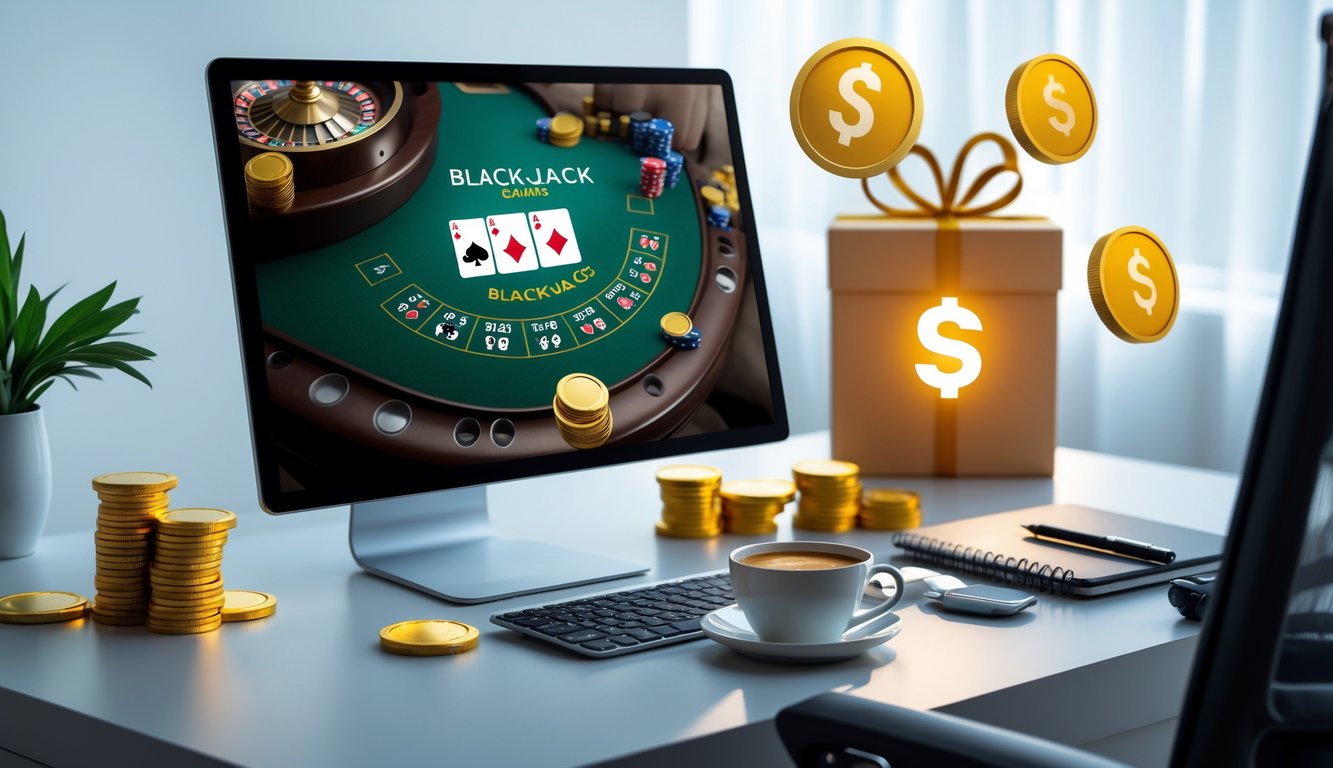 Seseorang bermain blackjack online di komputer dengan chip dan kartu di layar, di meja kerja yang rapi dengan cangkir kopi dan suasana nyaman.