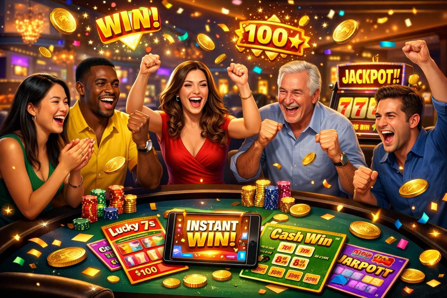 A Group Of Happy Players Celebrating Wins Around A Casino Table With Instant Win Game Cards And Slot Machines Showing Winning Symbols.