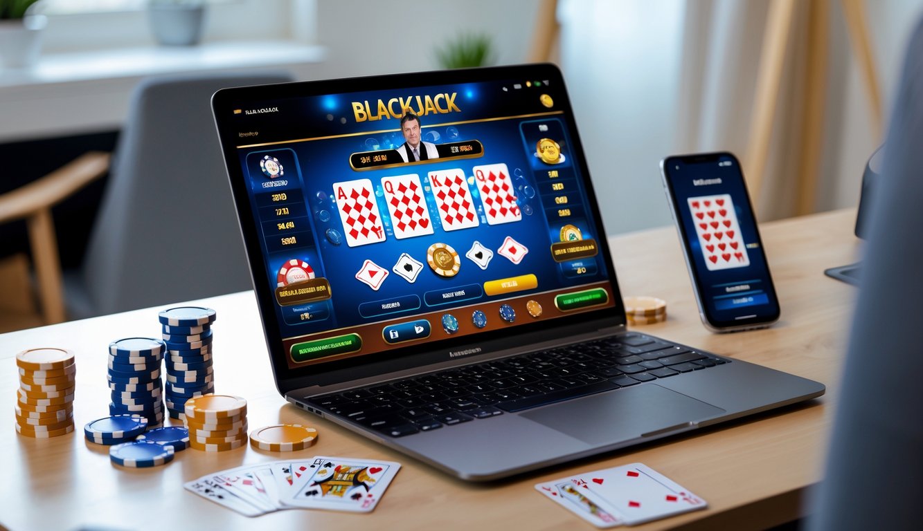 Seorang pemain sedang menggunakan laptop dengan tampilan permainan blackjack online dan beberapa chip poker serta kartu di meja.