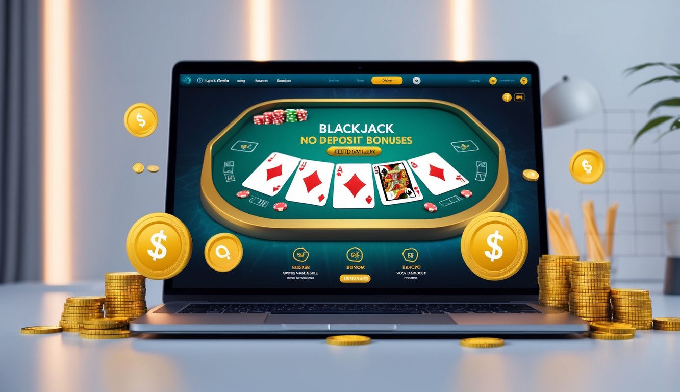 Seorang pemain sedang menggunakan komputer dengan permainan blackjack online terbuka, dikelilingi oleh chip dan simbol bonus digital.