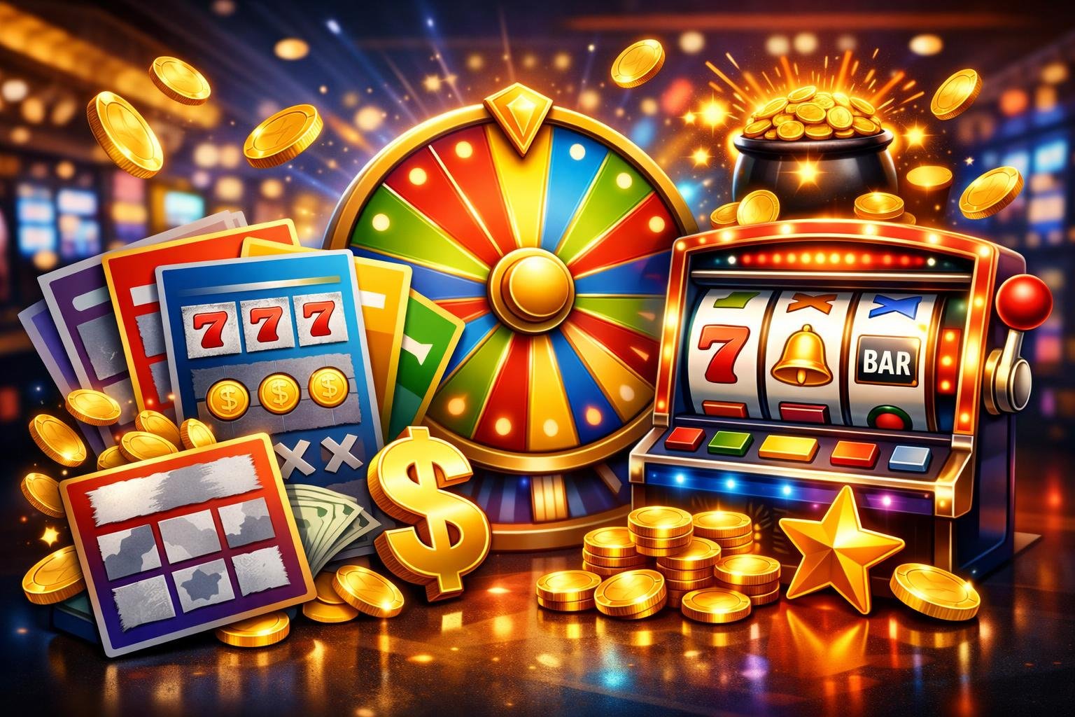 A Colorful Scene Showing Various Instant Win Casino Games Including Scratch Cards, Spinning Wheels, And Slot Machines With Coins And Winning Symbols.