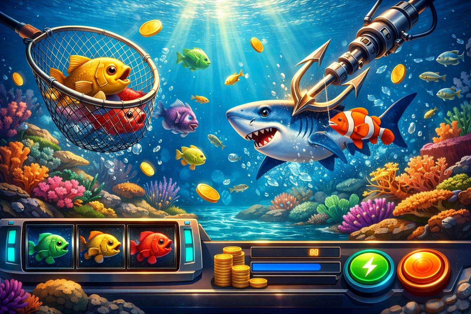 An Underwater Scene With Colorful Fish Swimming Near Coral Reefs And A Casino Game Interface Showing Fishing Game Elements.