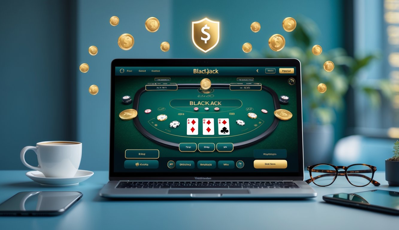 Sebuah meja kerja modern dengan komputer yang menampilkan permainan blackjack online, dikelilingi oleh simbol keamanan dan elemen digital yang menunjukkan kemudahan transaksi.