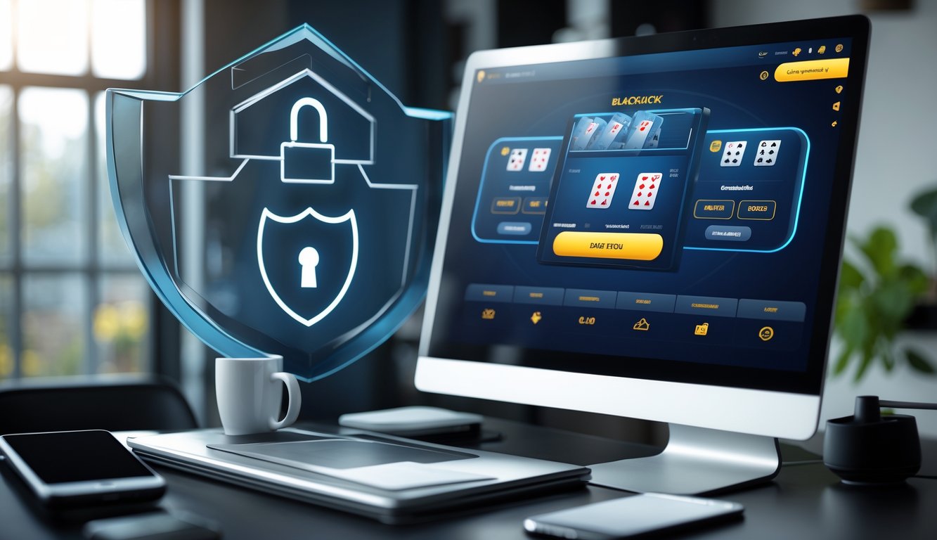 Seseorang menggunakan laptop dengan tampilan permainan blackjack online, di meja terdapat kopi dan ponsel, menunjukkan suasana bermain blackjack online yang aman dan mudah.