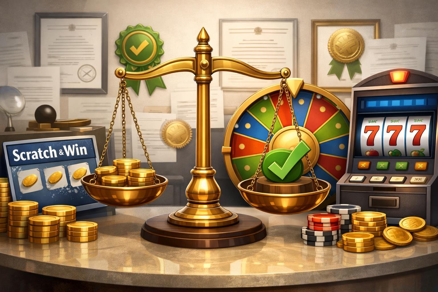 A Casino Scene Showing A Balanced Scale Surrounded By Instant Win Game Elements Like Scratch Cards And Slot Machines, With Official Documents In The Background Symbolizing Licensing And Fairness.