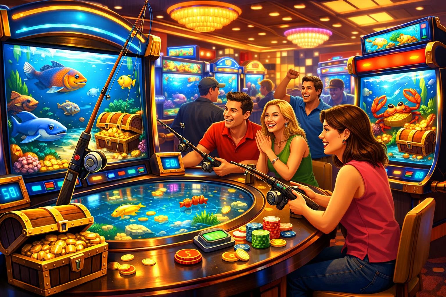 A Lively Casino Floor With Fishing Game Machines Featuring Animated Fish And Players Enjoying The Games.