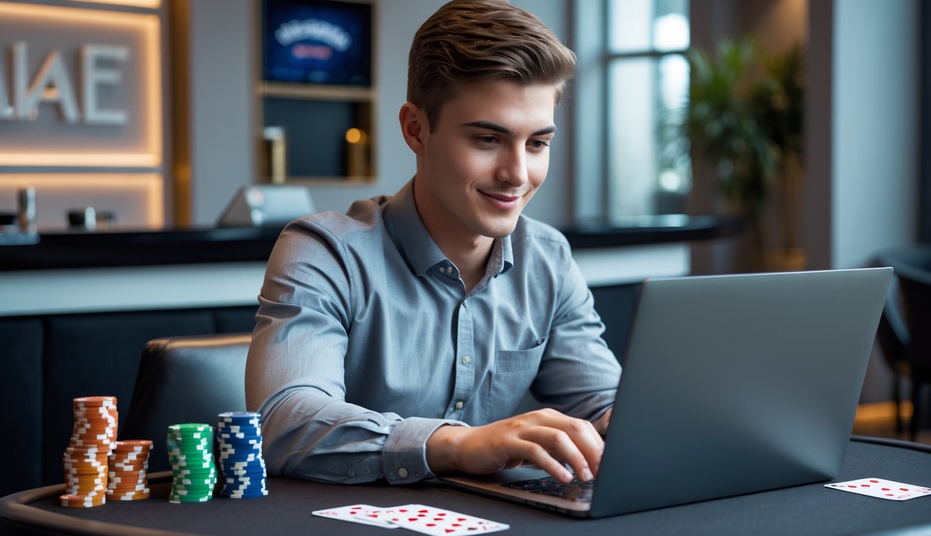 Seorang pria muda duduk di meja kasino modern bermain blackjack online menggunakan laptop dengan kartu dan chip poker di meja.
