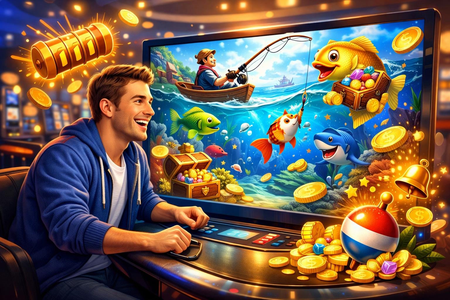 A Player Enjoying A FishingThemed Casino Game With Colorful Fish And Rewards On A Digital Screen In A Lively Casino Setting.