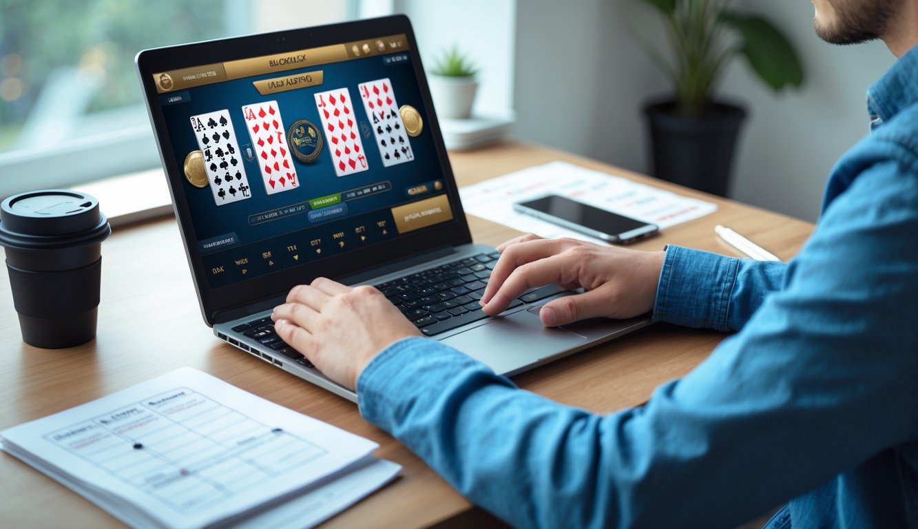 Seseorang sedang bermain blackjack online di laptop di sebuah ruang kerja rumah yang rapi dan terang.