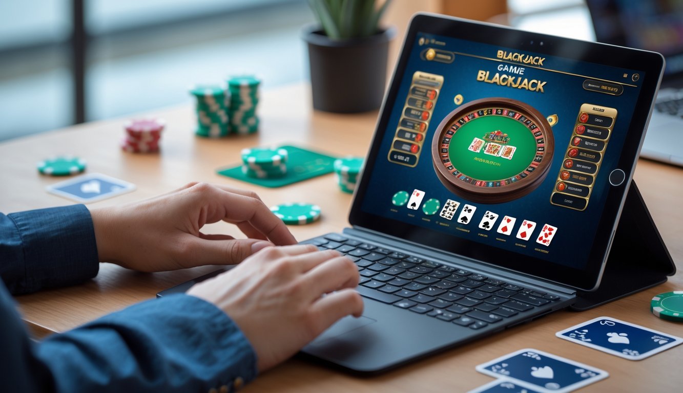 Seseorang bermain blackjack online menggunakan laptop di meja kerja yang rapi dengan chip poker dan kartu remi di sekitar perangkat.