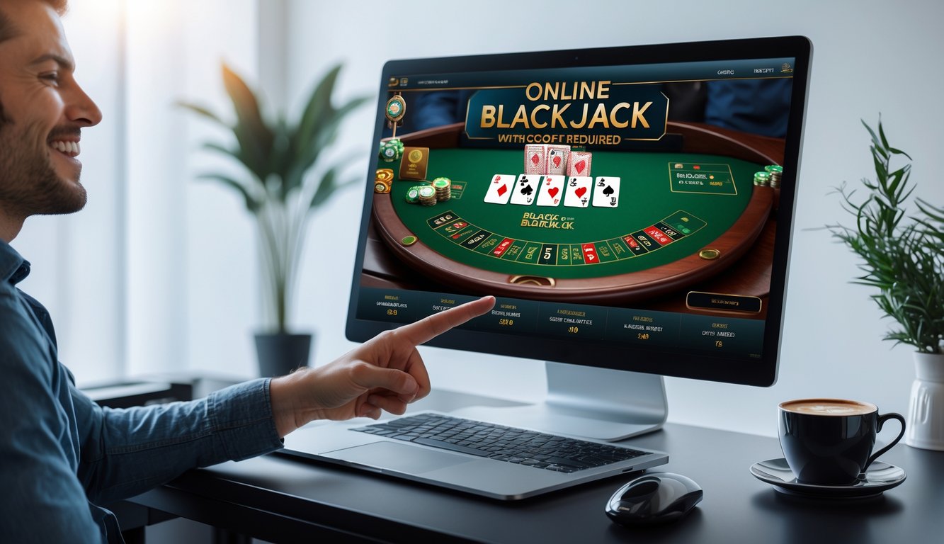 Seorang pemain santai menggunakan laptop untuk bermain blackjack online tanpa deposit dengan suasana yang nyaman dan ceria.