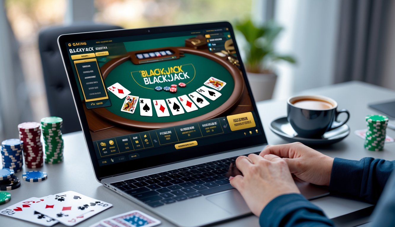 Seorang pemain baru sedang menggunakan laptop dengan tampilan permainan blackjack online di meja yang rapi dan nyaman.