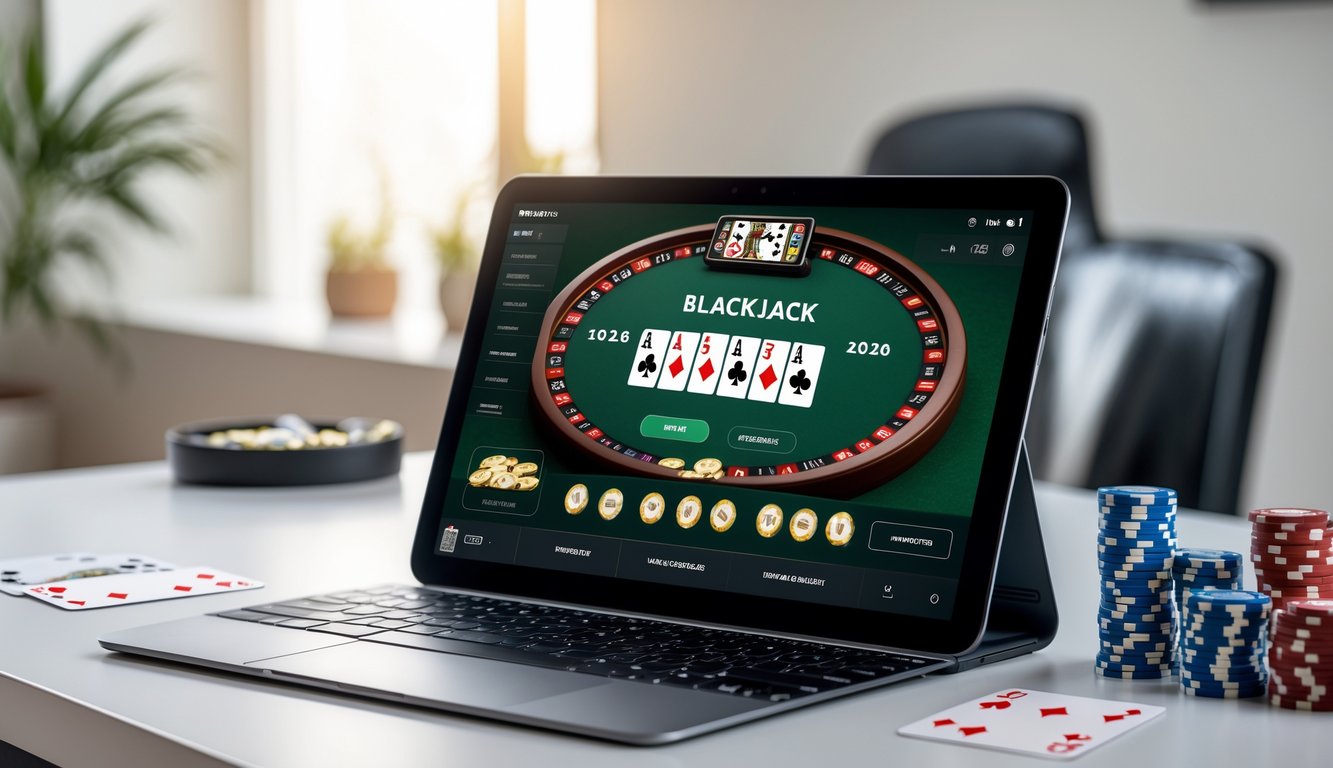 Seorang pemain menggunakan laptop dengan tampilan permainan blackjack online di meja kerja yang rapi dan terang.