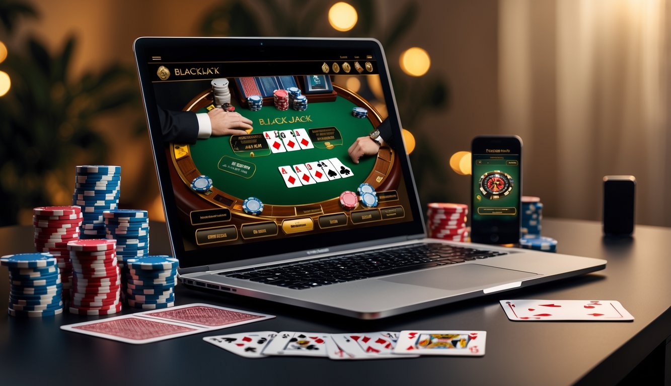 Sebuah meja dengan komputer menampilkan permainan blackjack online, dikelilingi oleh chip poker dan kartu remi.