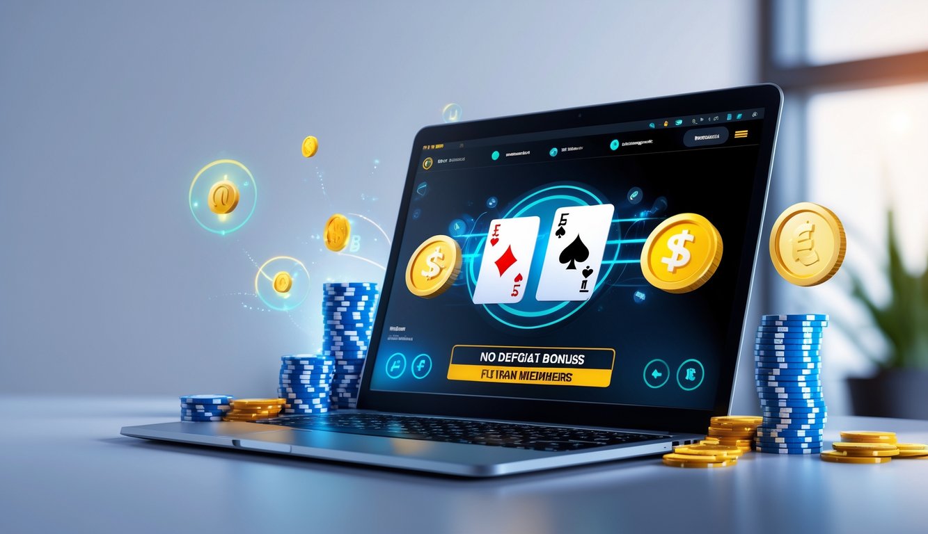 Sebuah laptop menampilkan permainan blackjack online dengan kartu dan chip, menggambarkan pengalaman bermain blackjack tanpa deposit.