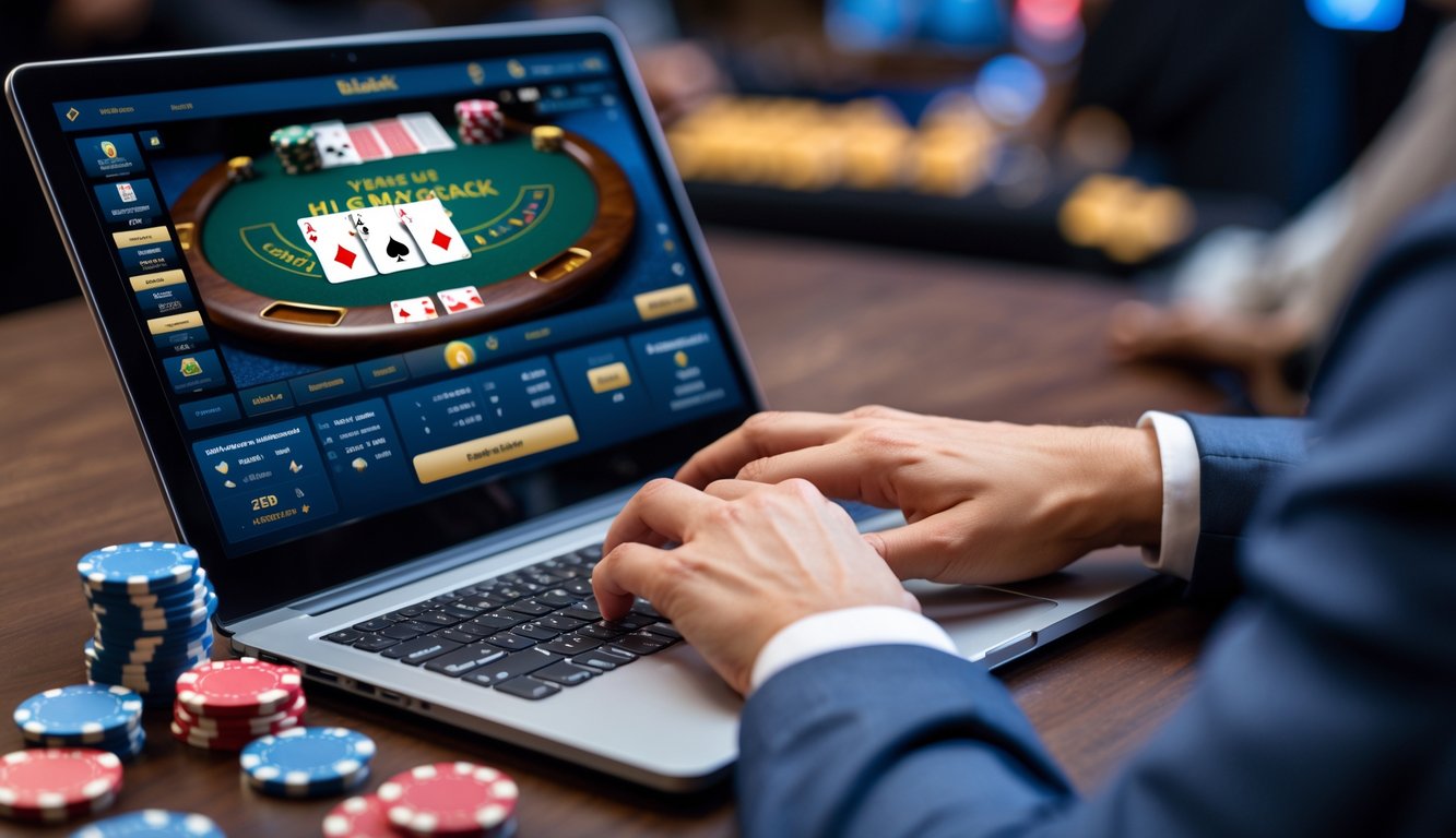 Seseorang sedang bermain blackjack online dengan laptop dan tumpukan chip di meja.