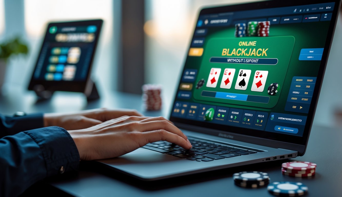 Seorang pemain sedang bermain blackjack online di depan komputer dengan kartu dan chip poker di meja.