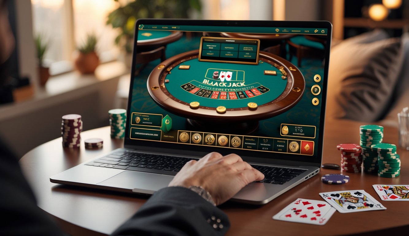 Sebuah laptop menampilkan permainan blackjack online dengan kartu dan chip di layar, dikelilingi oleh suasana santai di ruang kerja atau rumah.