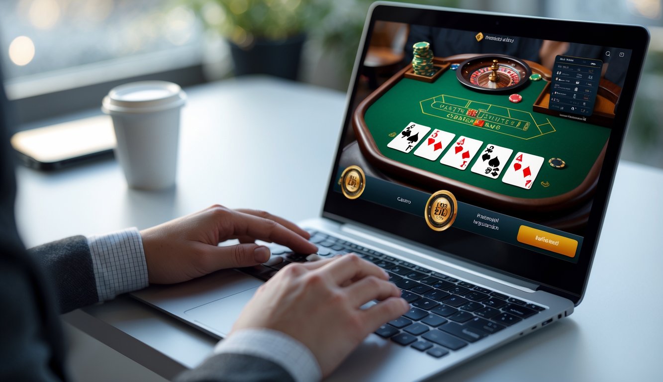 Seorang pengguna bermain blackjack online di laptop dengan meja kartu digital dan chip terlihat di layar.