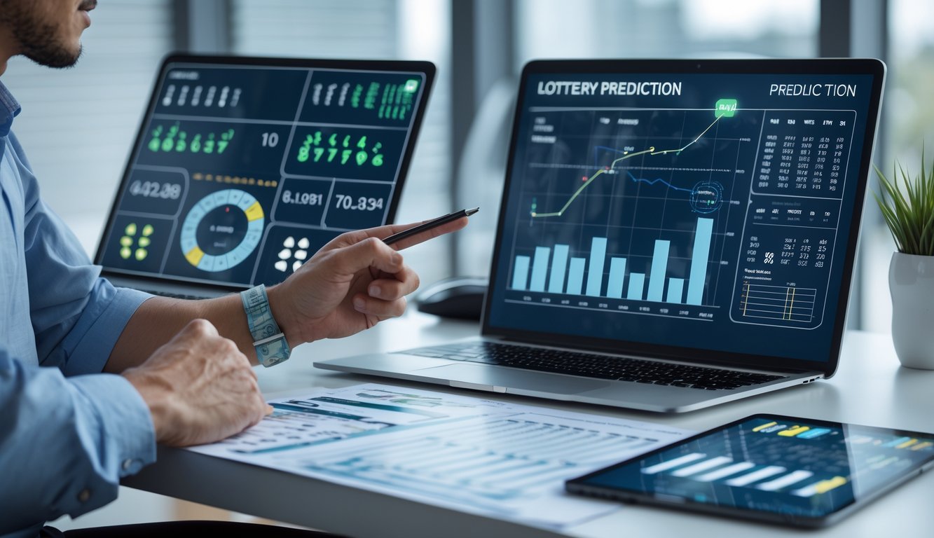 Seseorang sedang menganalisis data angka togel di meja kerja dengan perangkat digital dan dokumen di sekitarnya.