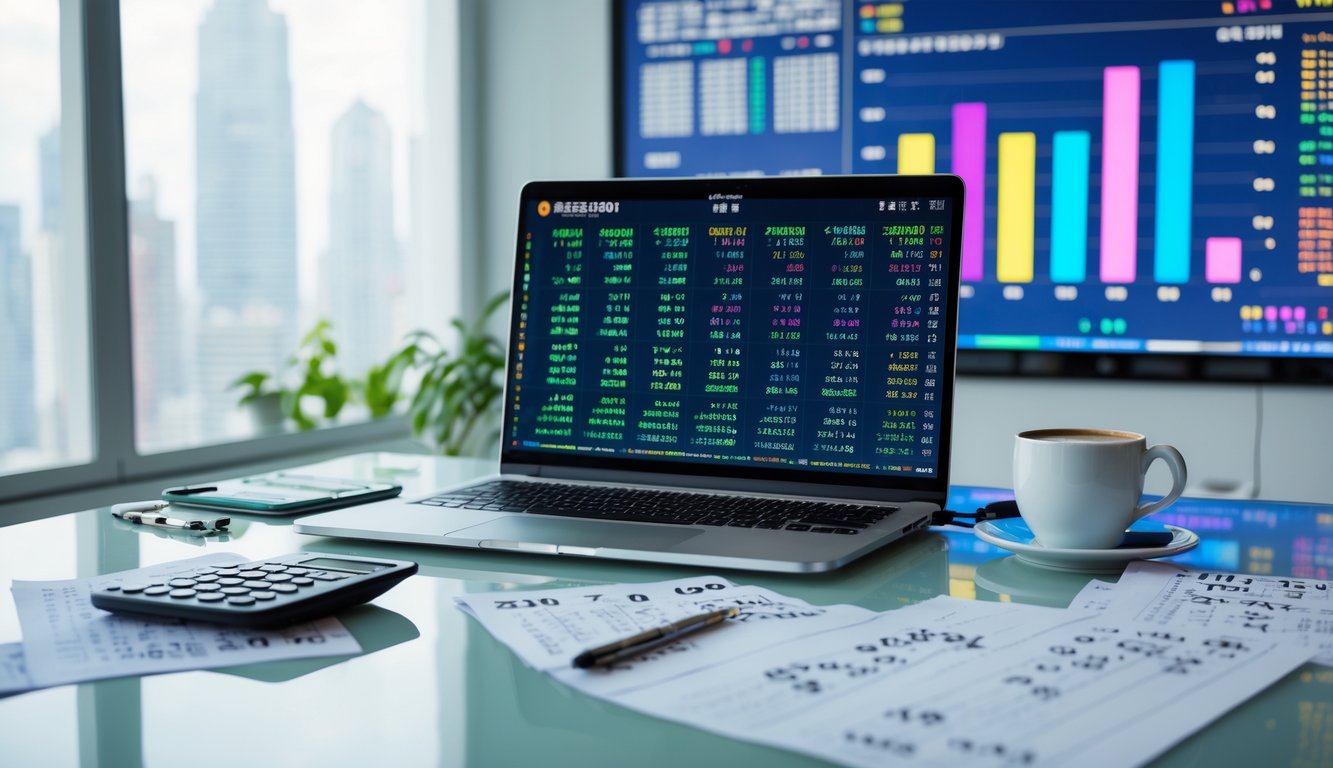 Meja kerja modern dengan laptop yang menampilkan data angka togel, kertas catatan, kalkulator, dan layar digital dengan grafik statistik.