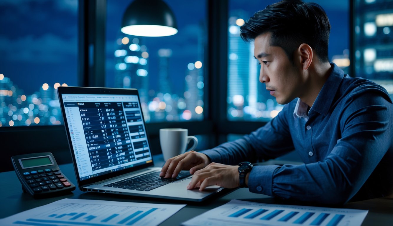 Seorang pria Asia duduk di meja dengan laptop dan kertas berisi angka, sedang menganalisis data di malam hari dengan pemandangan kota di latar belakang.