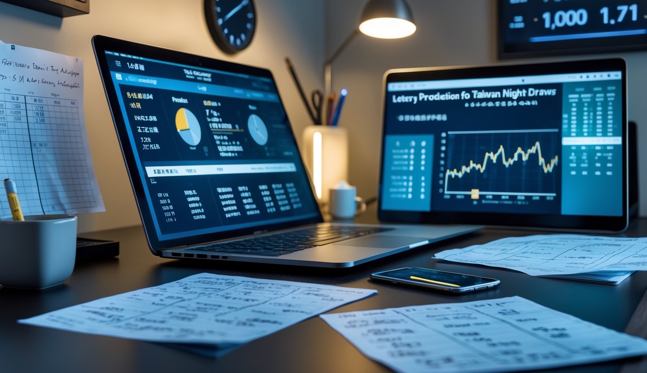 Meja kerja modern dengan laptop, tablet, dan catatan berisi angka dan grafik untuk prediksi togel malam hari Taiwan.