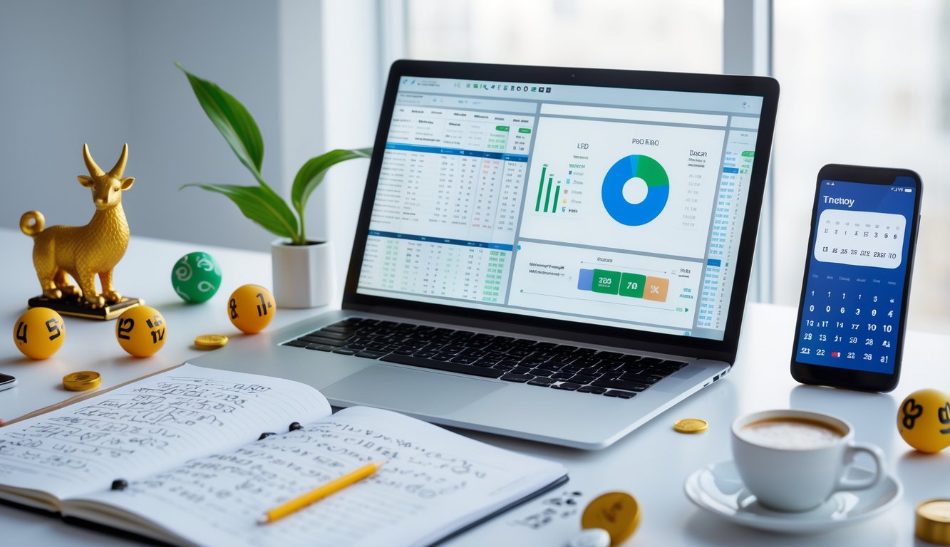 Meja kerja dengan laptop, buku catatan, dan cangkir kopi, menampilkan suasana analisis prediksi togel dan simbol keberuntungan seperti figur shio dan bola togel.