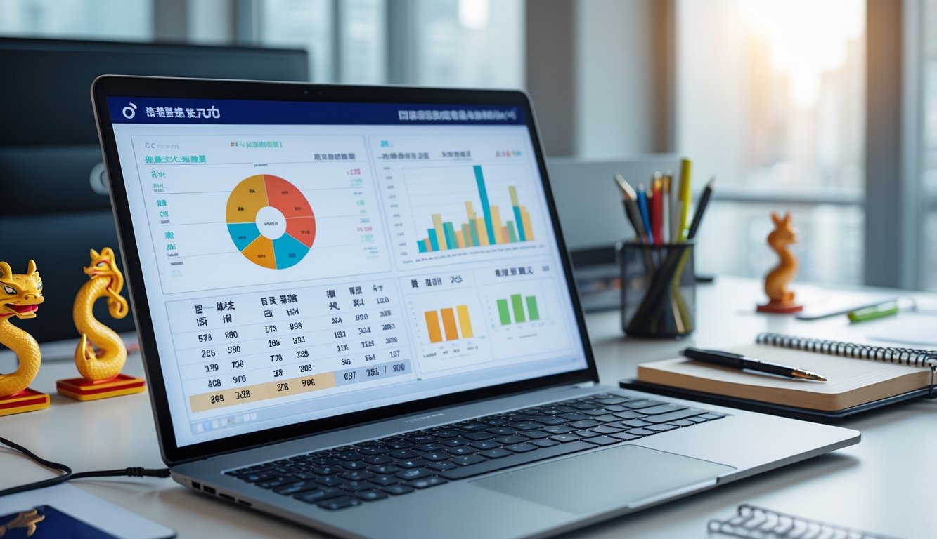 Meja kerja modern dengan laptop menampilkan grafik dan angka, buku catatan, dan simbol shio kecil di atas meja.