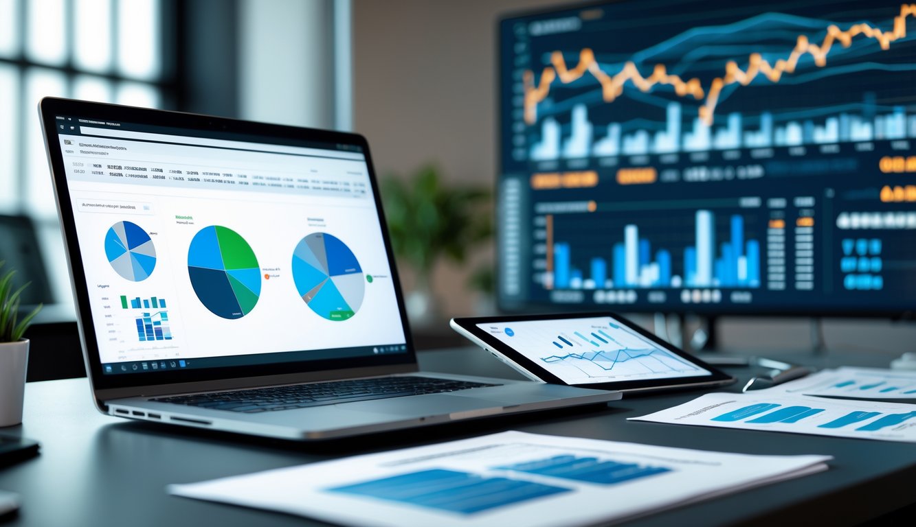 Sebuah ruang kerja modern dengan laptop dan tablet yang menampilkan grafik dan data statistik, serta layar besar di latar belakang yang menunjukkan visualisasi data.