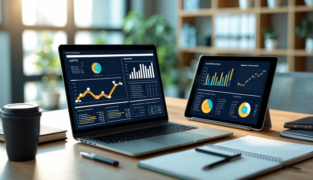 Seorang profesional bekerja di meja dengan laptop dan perangkat digital menampilkan grafik dan data analisis togel, di ruang kantor yang rapi dan terang.
