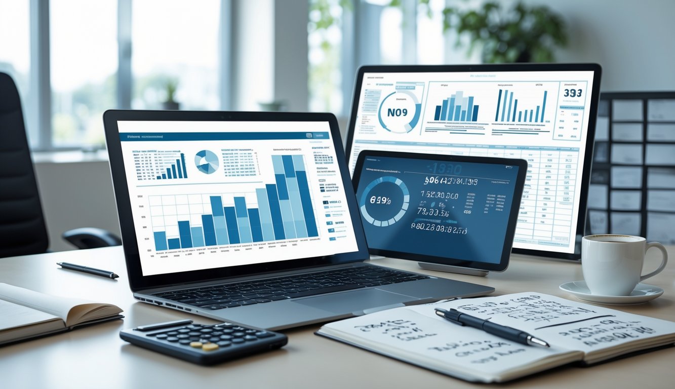 Meja kerja modern dengan laptop, tablet, dan alat tulis yang menampilkan suasana analisis data dan prediksi.