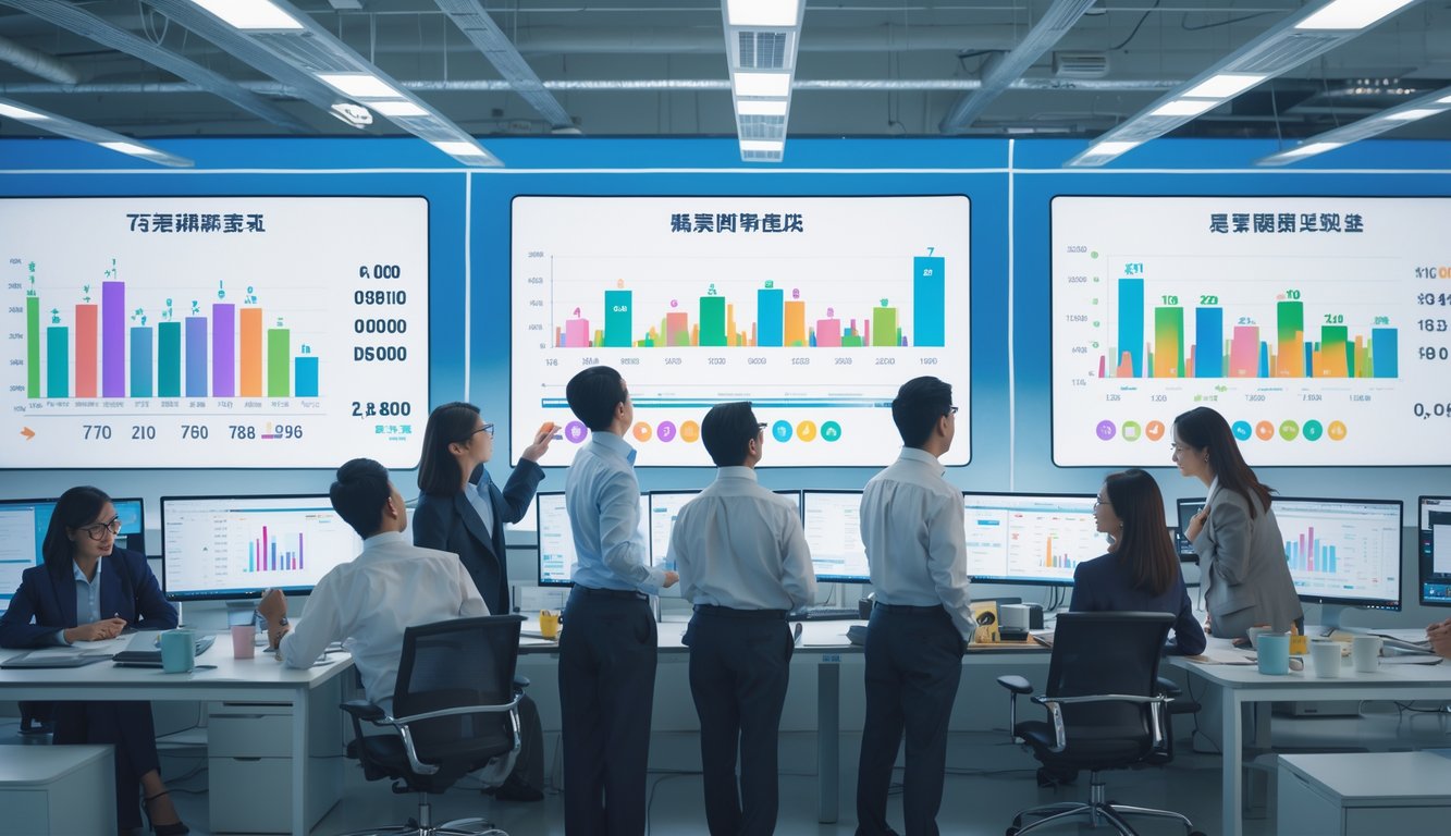 Sekelompok profesional sedang menganalisis grafik dan data pada layar komputer di kantor modern.