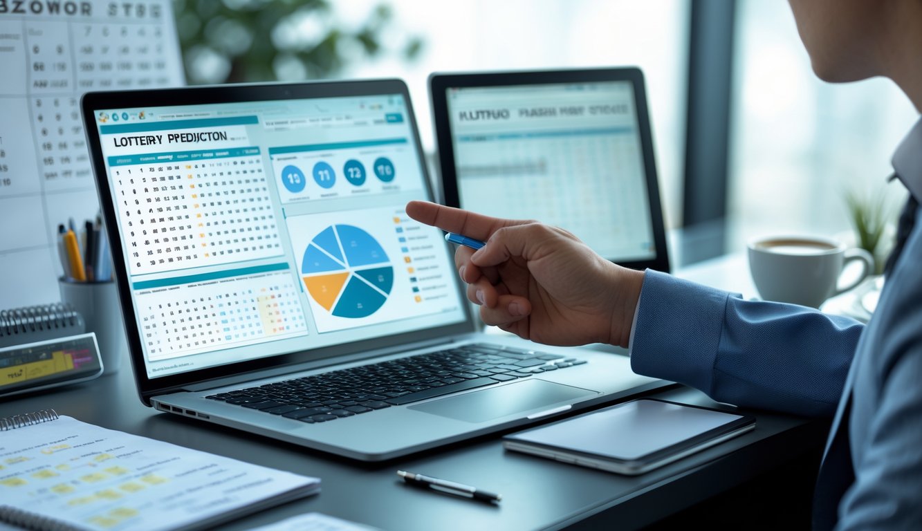 Seorang profesional sedang menganalisis data angka lotere di meja kerja dengan perangkat digital di kantor modern.