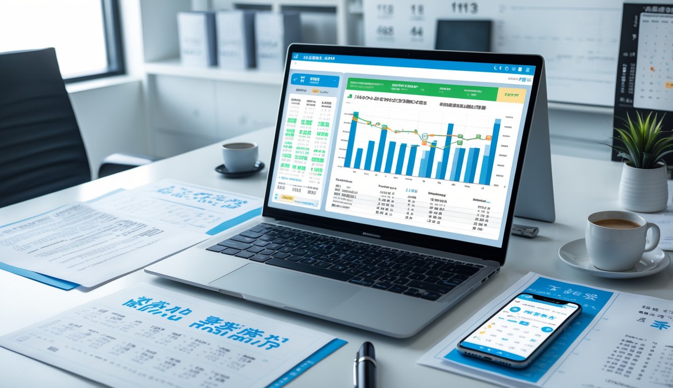 Meja kerja modern dengan laptop, kertas berisi data angka, ponsel, dan secangkir kopi di kantor yang terang.