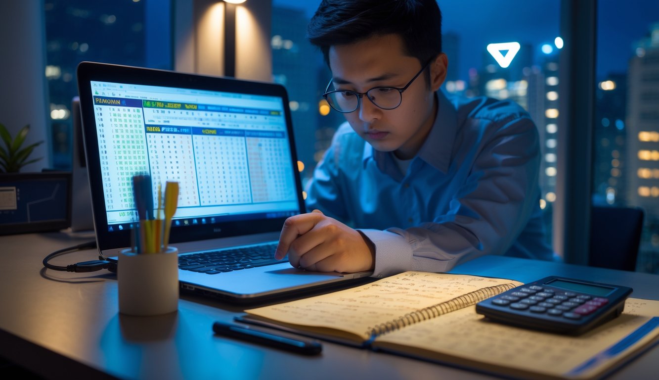 Seseorang yang fokus menganalisis data prediksi togel di ruang kerja malam hari dengan laptop, buku catatan, dan kalkulator.